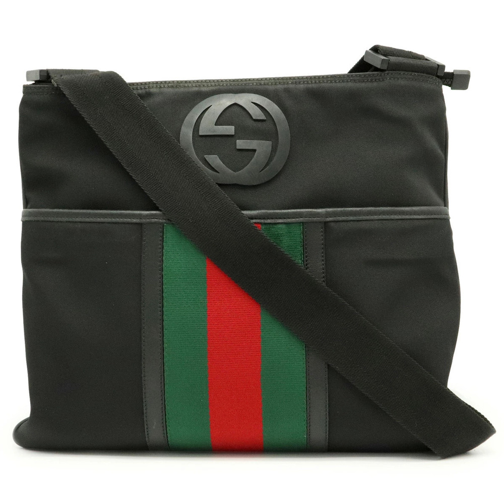 Gucci Sherry Webbing Crossbody Bag Gusset Canvas Leather Black